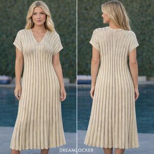 Floris Crochet Knit Gold Cream Cover Up Dress S/M Beige Gold Pullover Italy NEW